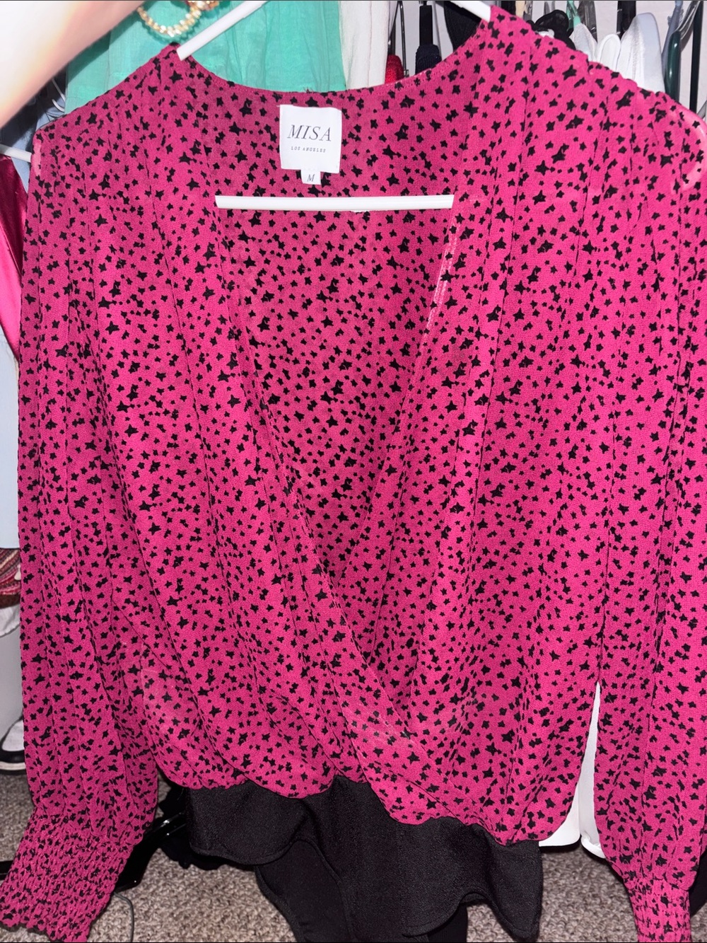 Misa Los Angeles Hot Pink and Black Star Print Long Sleeve Surplice Bodysuit